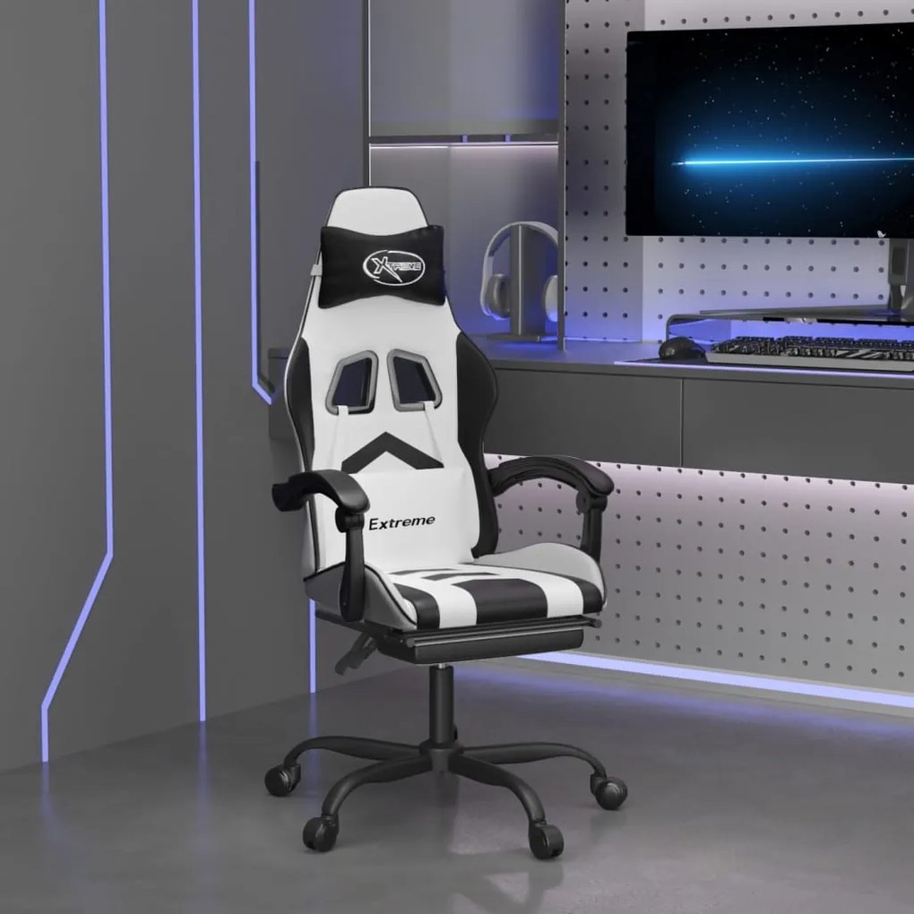 vidaXL Cadeira gaming c/ apoio p/ pés couro artificial preto e branco