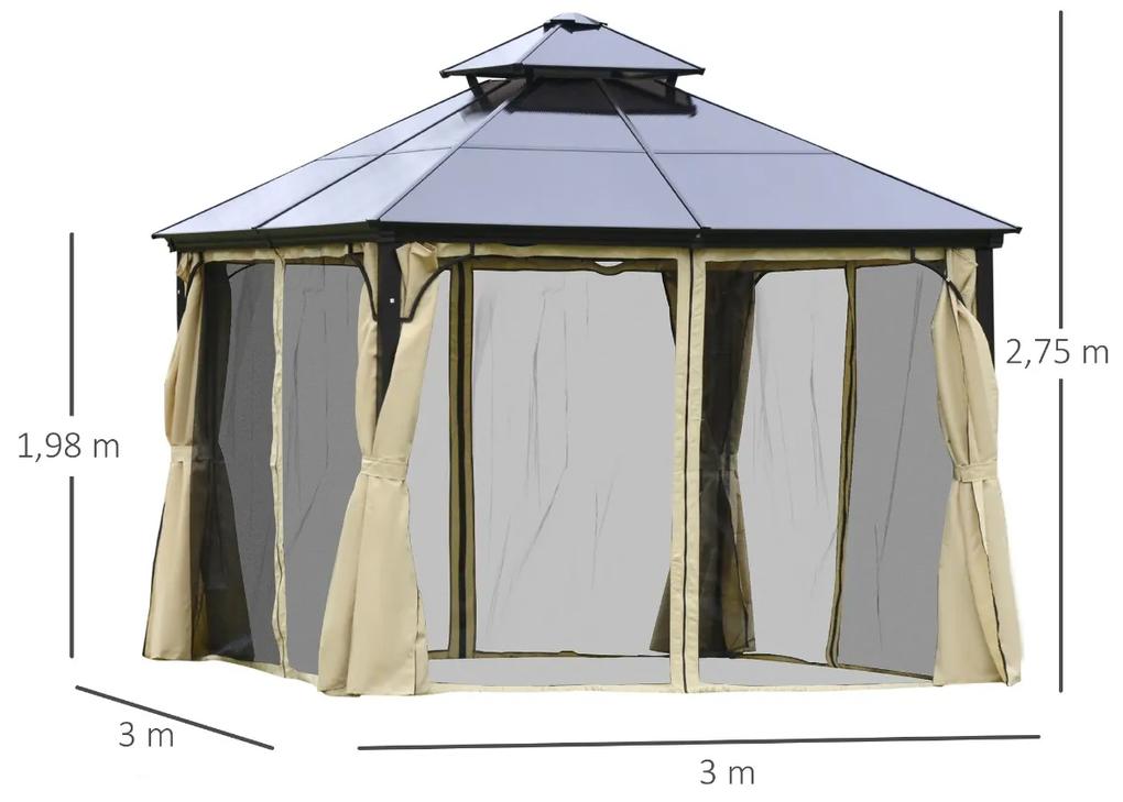 Pérgola 3x3 m com teto duplo de policarbonato e 4 cortinas 4 redes mosquiteiras com zíper, moldura de alumínio bege e preto