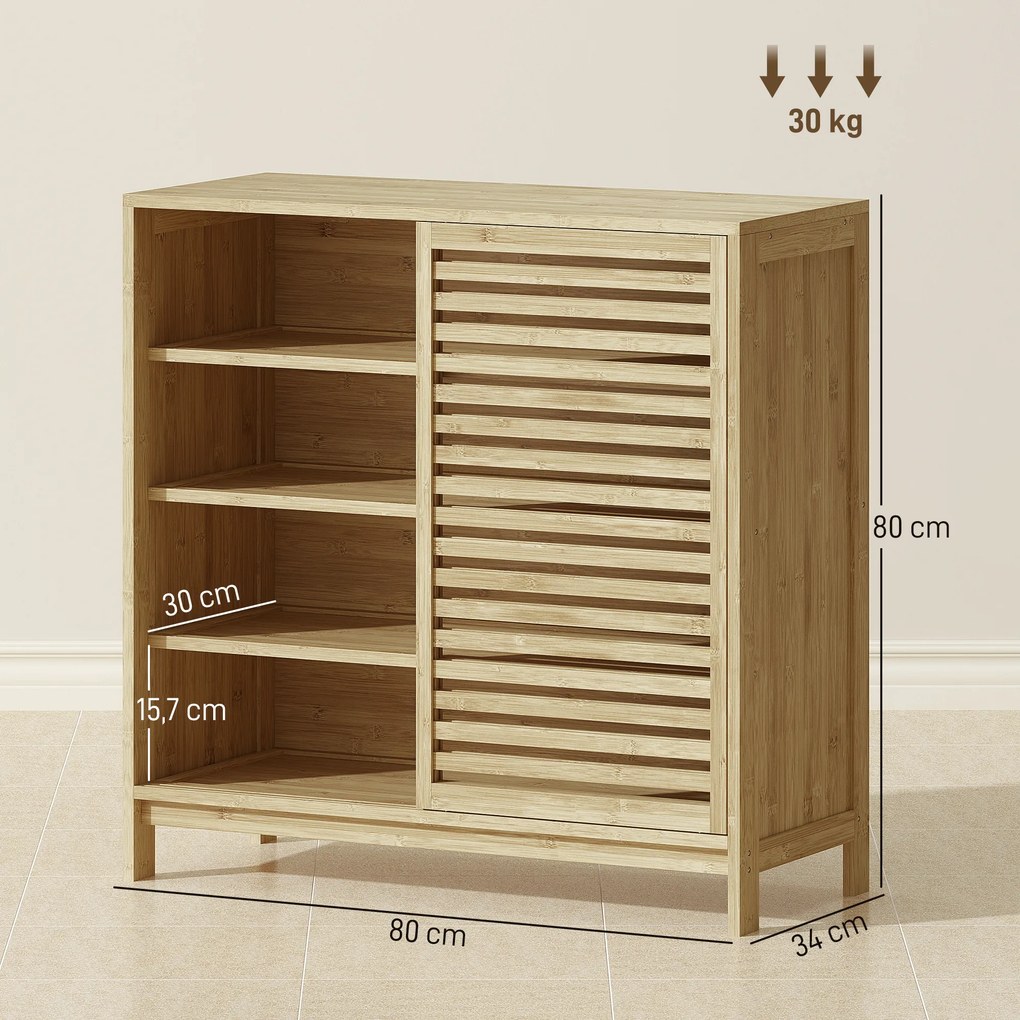Armário de Casa de Banho em Bambu com 2 Portas de Correr Desenho com Ripas 4 Prateleiras Móvel Auxiliar de Arrumação 80x34x80 cm Madeira