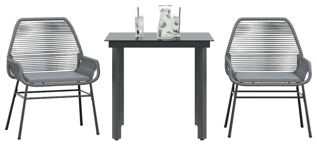 Conjunto jantar jardim 3 peças almofadas vidro vime cinzento PE