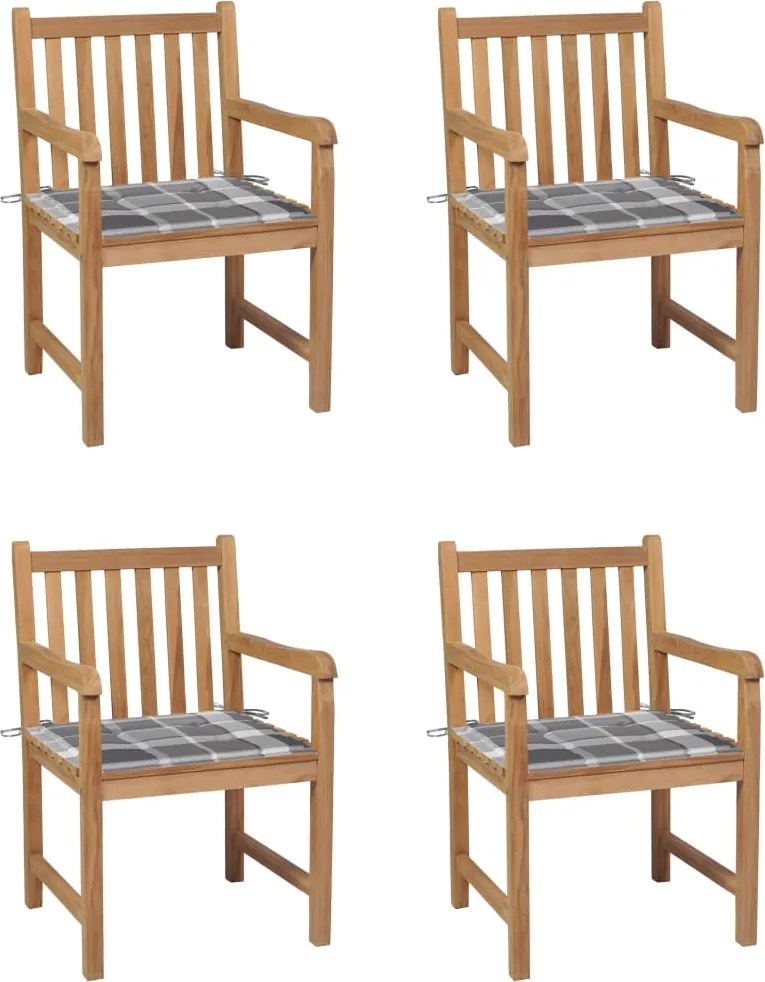 Cadeiras jardim c/ almofadões xadrez cinzento 4 pcs teca maciça