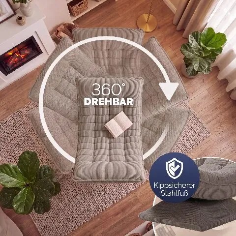 Poltrona em veludo cotelê Aberdeen – Ajustável em 5 posições, giratória a 360°, dobrável cor de cinza-acastanhado