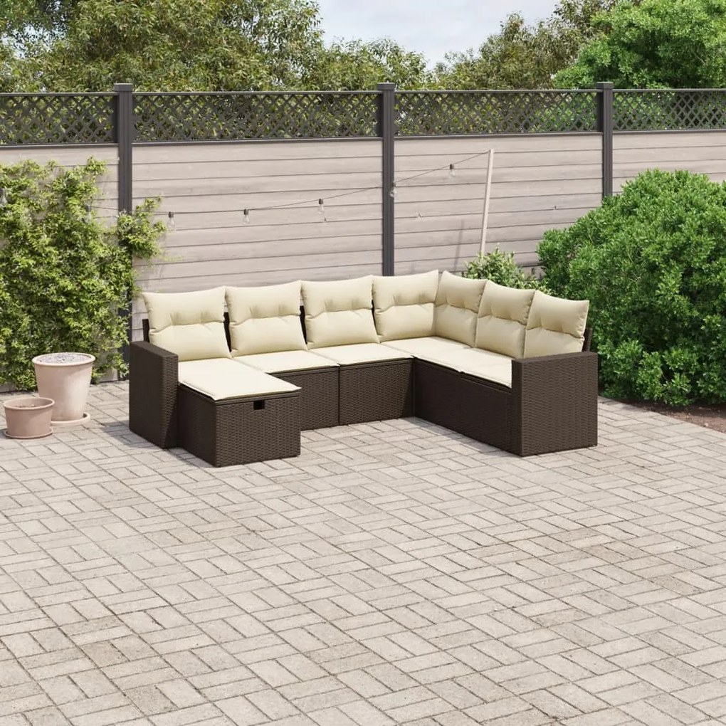 7 pcs conjunto de sofás jardim c/ almofadões vime PE castanho