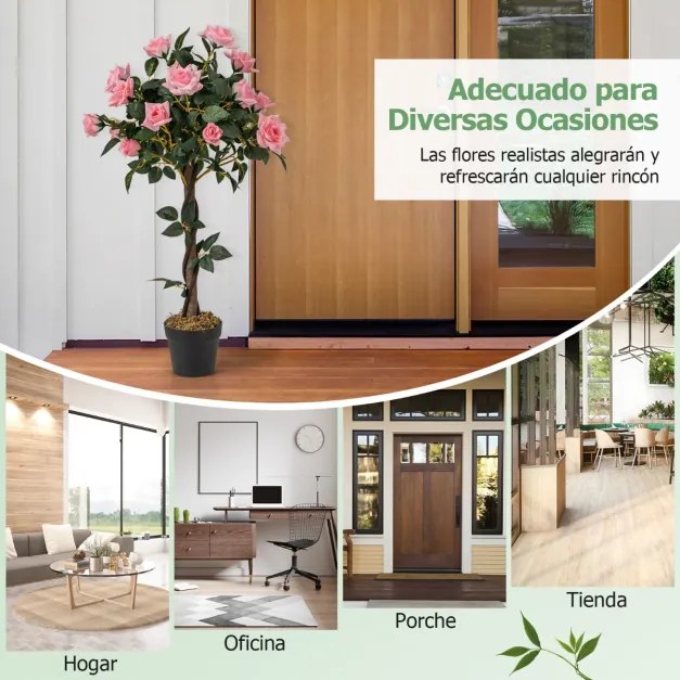 Árvore de flor artificial de 93 cm, planta floral falsa com rosas, tronco de madeira, interior e exterior, escritório e decoração de entrada, rosa