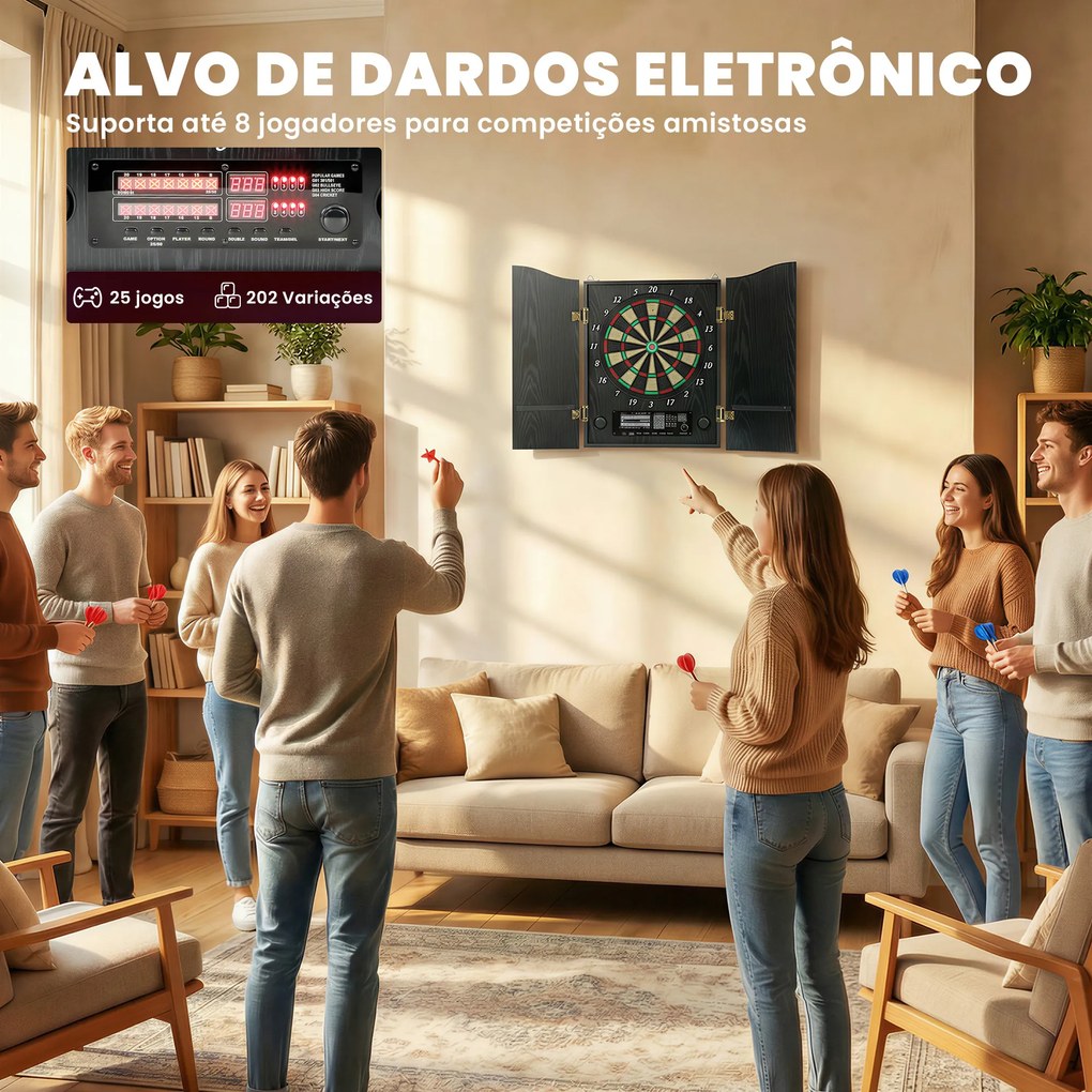 Alvo Eletrónico com 6 Dardos de Ponta Macia e 24 Pontas de Substituição 2 Ecrãs LED Avisos de Voz até 8 Jogadores com 25 Jogos