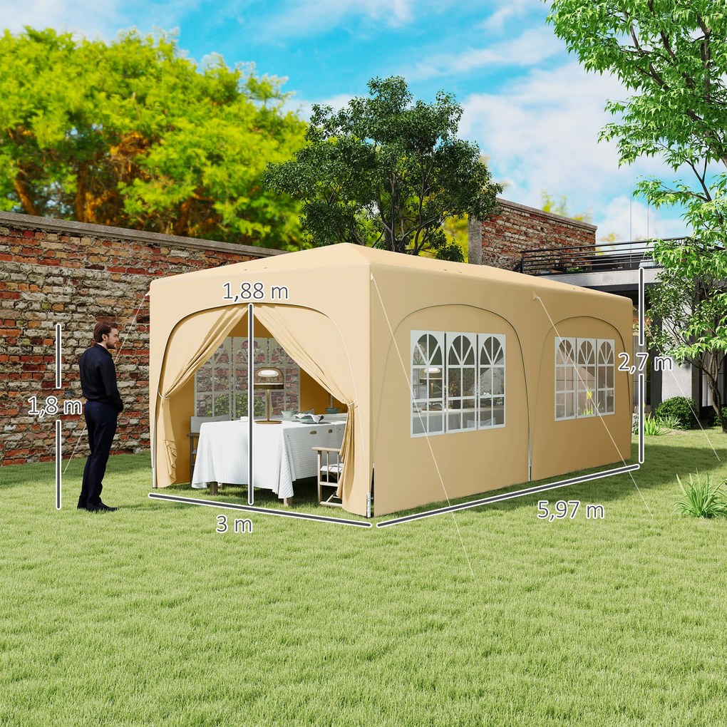 Tenda Dobrável 3x6 m com Painéis Laterais UPF50+ Tenda de Jardim com Altura Ajustável e Bolsa de Transporte Areia