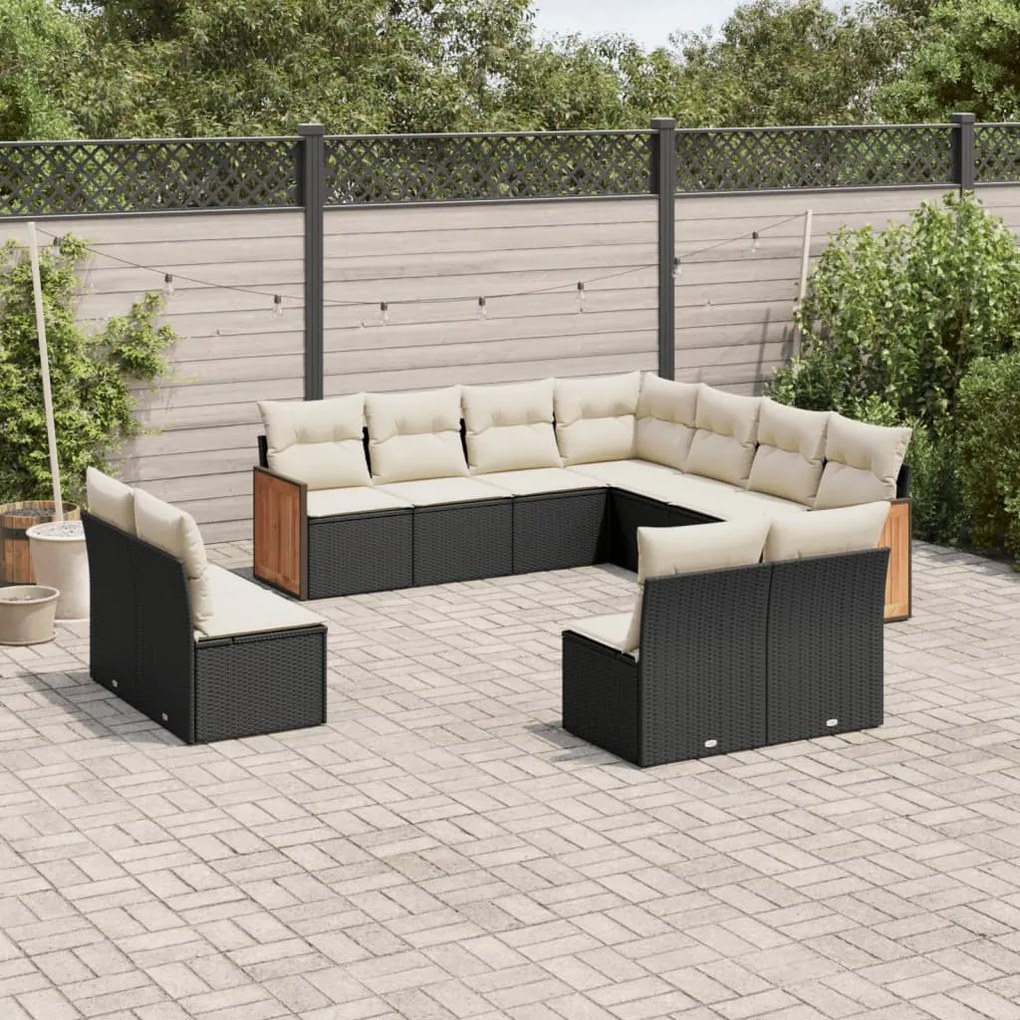 11 pcs conjunto sofás de jardim c/ almofadões vime PE preto
