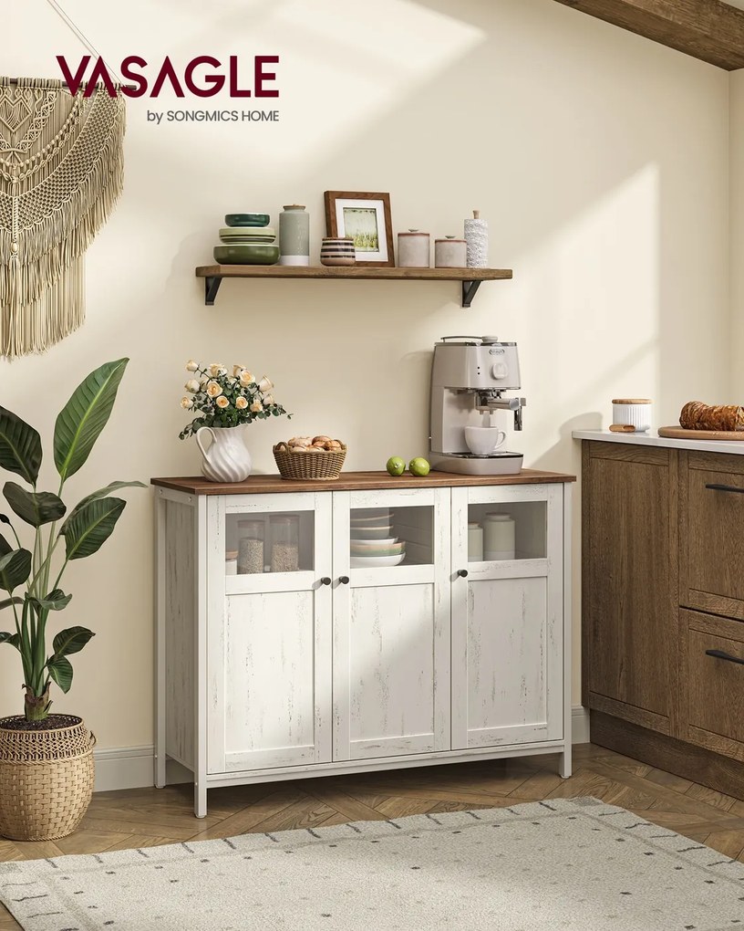 Aparador, Armário de cozinha 35 x 100 x 75 cm com portas de vidro em castanho mel e branco vintage