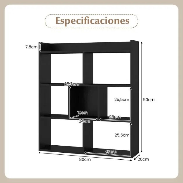 Estante aberta com 7 cubos de madeira 80 x 20 x 90 cm para quarto e sala de estar Preta