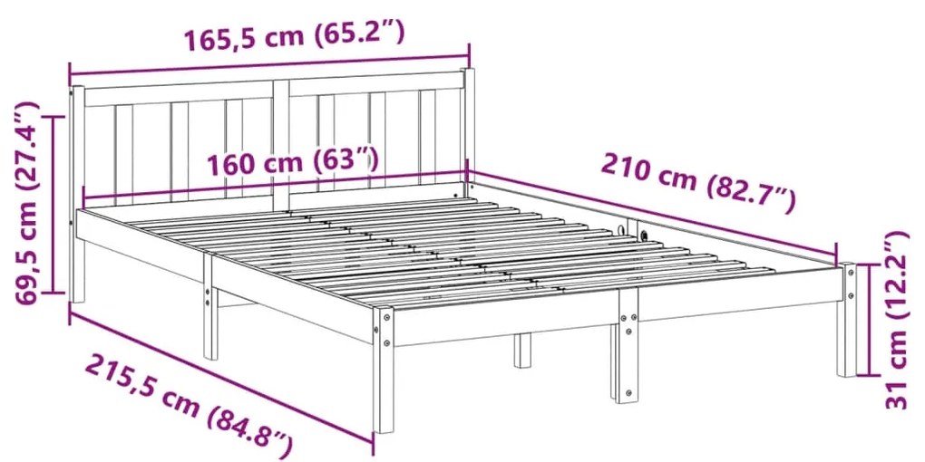 Cama extra longa sem colchão 160x210 cm pinho maciço branco