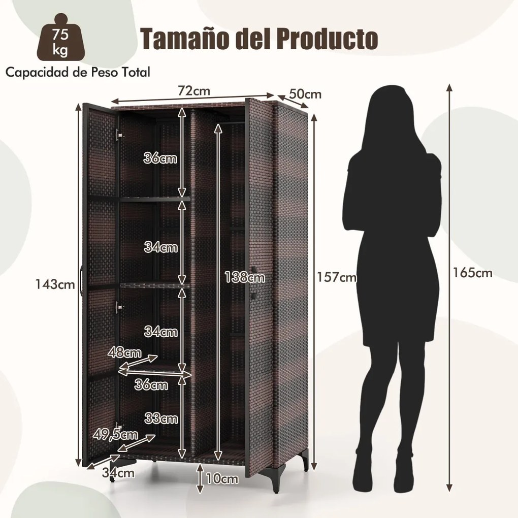 Armario de vime com 2 portas PE com varão para pendurar e 4 cubos de arrumação Organizador de roupa para casa pátio garagem Castanho