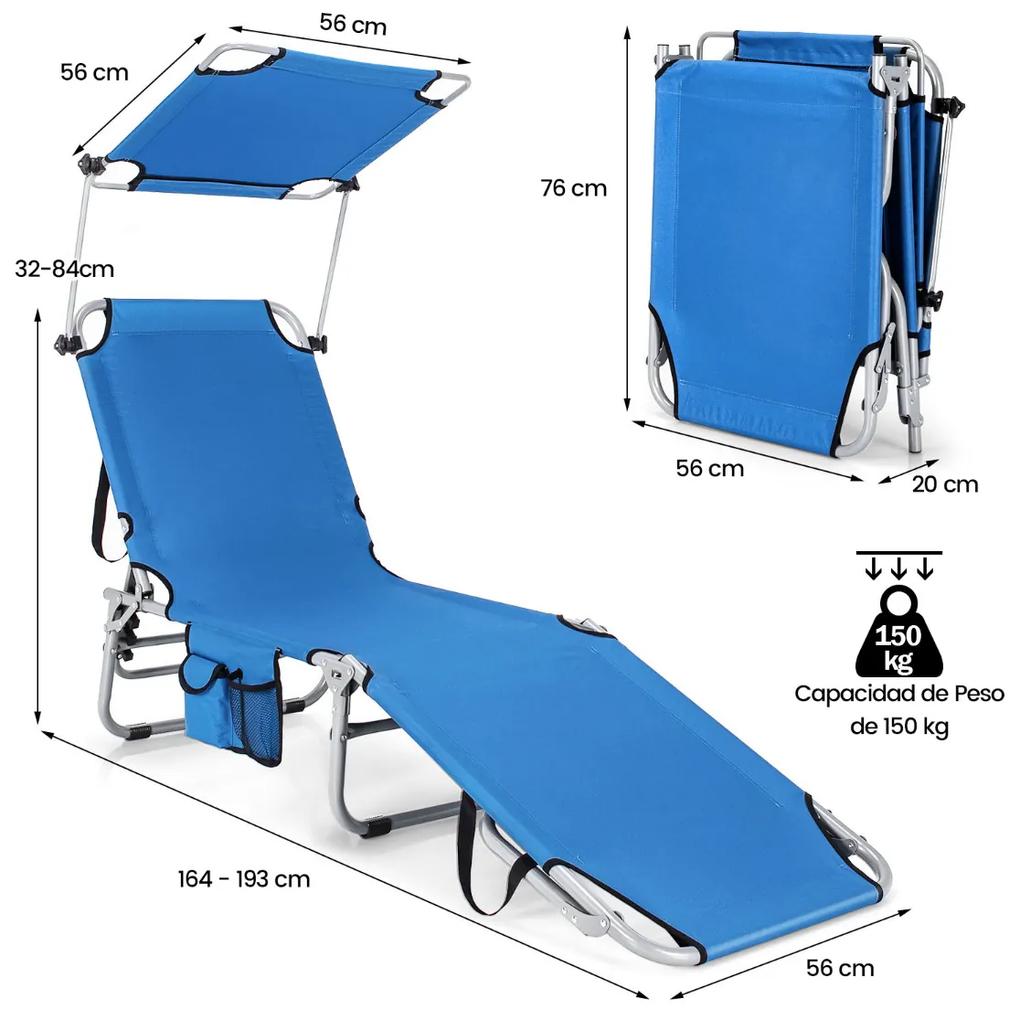 Espreguiçadeira dobrável para uso externo, cadeira reclinável portátil, 5 posições de encosto ajustáveis, cobertura de sombra para campismo jardim, pr