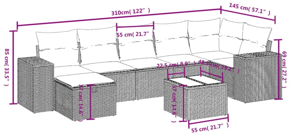 8 pcs conj. sofás jardim c/ almofadões vime PE cinzento-claro