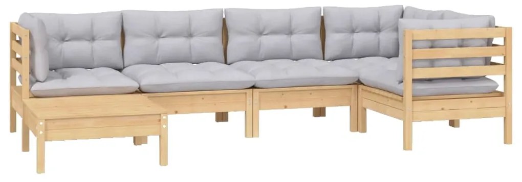 6 pcs conjunto lounge de jardim + almofadões cinza pinho maciço
