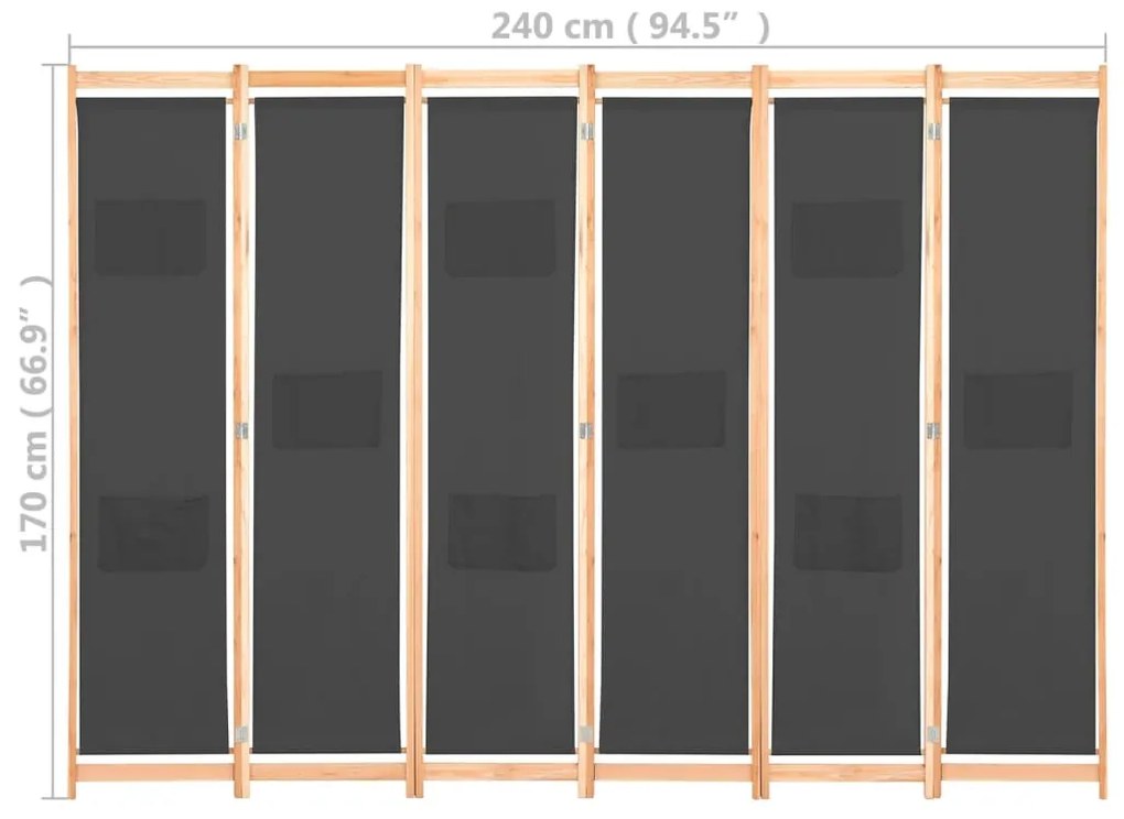 Divisória de quarto com 6 painéis 240x170x4 cm tecido cinzento