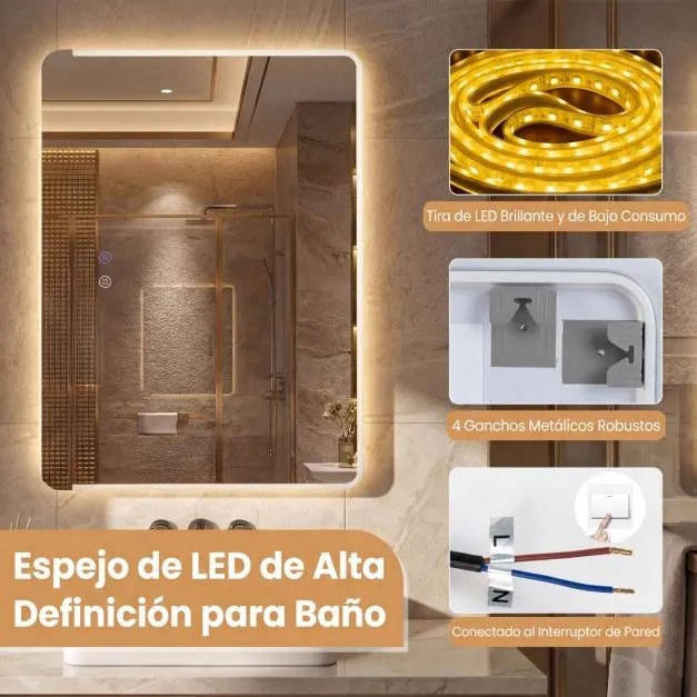 Espelho LED 70x50 cm para casa de banho com luz antiembaciamento e 3 cores reguláveis prateado