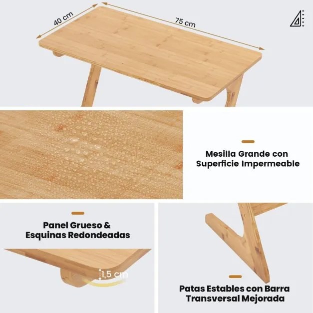 Mesa Auxiliar de Bambu para Sofá 75 cm x 40 cm x 70 cm com Ampla Superfície Secretária para Portátil que Economiza Espaço Montagem Rápida de Aperitivo