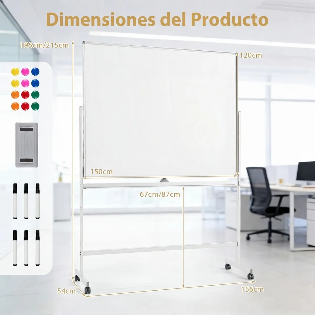 Quadro magnético 156 x 54 x 195/215 cm dupla face móvel com suporte ajustável e rodas bloqueáveis para escritório, casa e sala de aula Branco