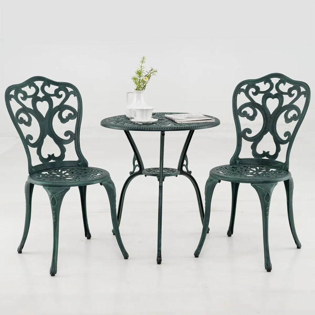 Conjunto jardim de bistrô de 3 peças para exterior de mesa e cadeiras em alumínio fundido com orifício para guarda-sol para jardim verde
