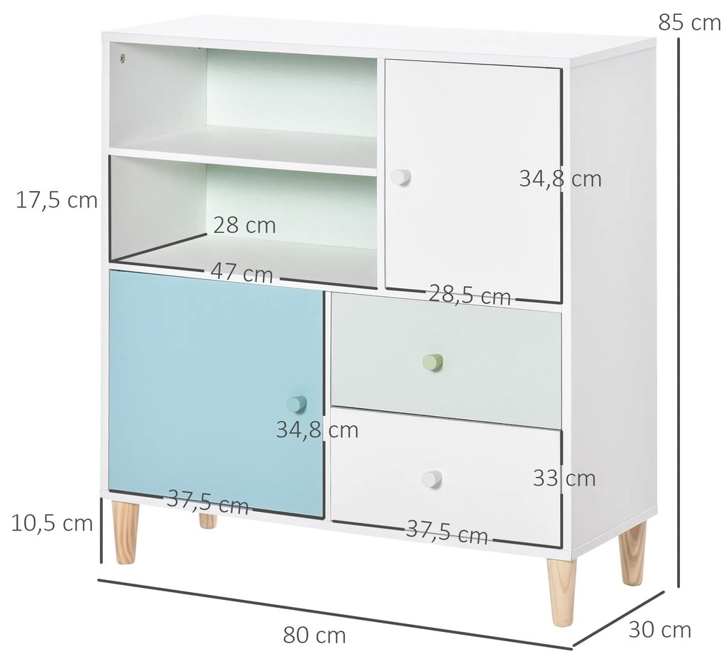 HOMCOM Móvel Infantil Cómoda para Crianças com 2 Compartimentos 2 Gavetas e 2 Armários para Armazenamento de Livros Brinquedos Roupa 80x30x85cm Azul Verde Menta Branco