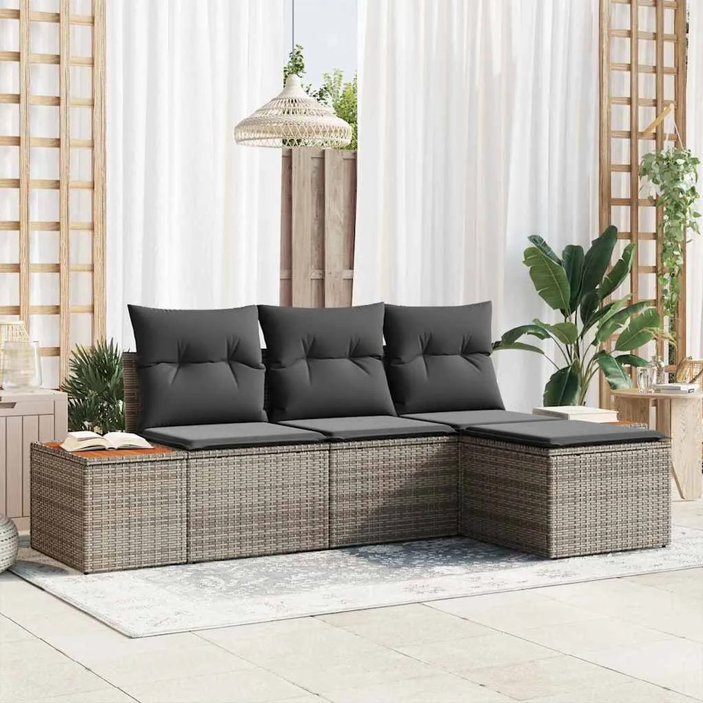 vidaXL Conjunto de sofá de jardim com 4 peças e almofadas cinza em rattan de poliéster e acácia