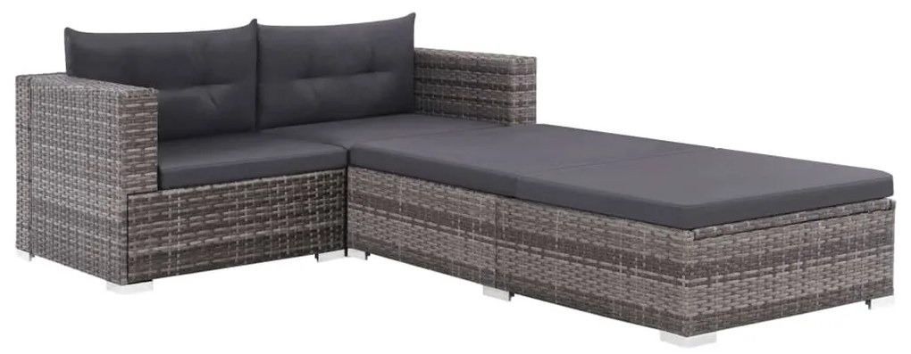 3 pcs conjunto lounge de jardim c/ almofadões vime PE cinzento