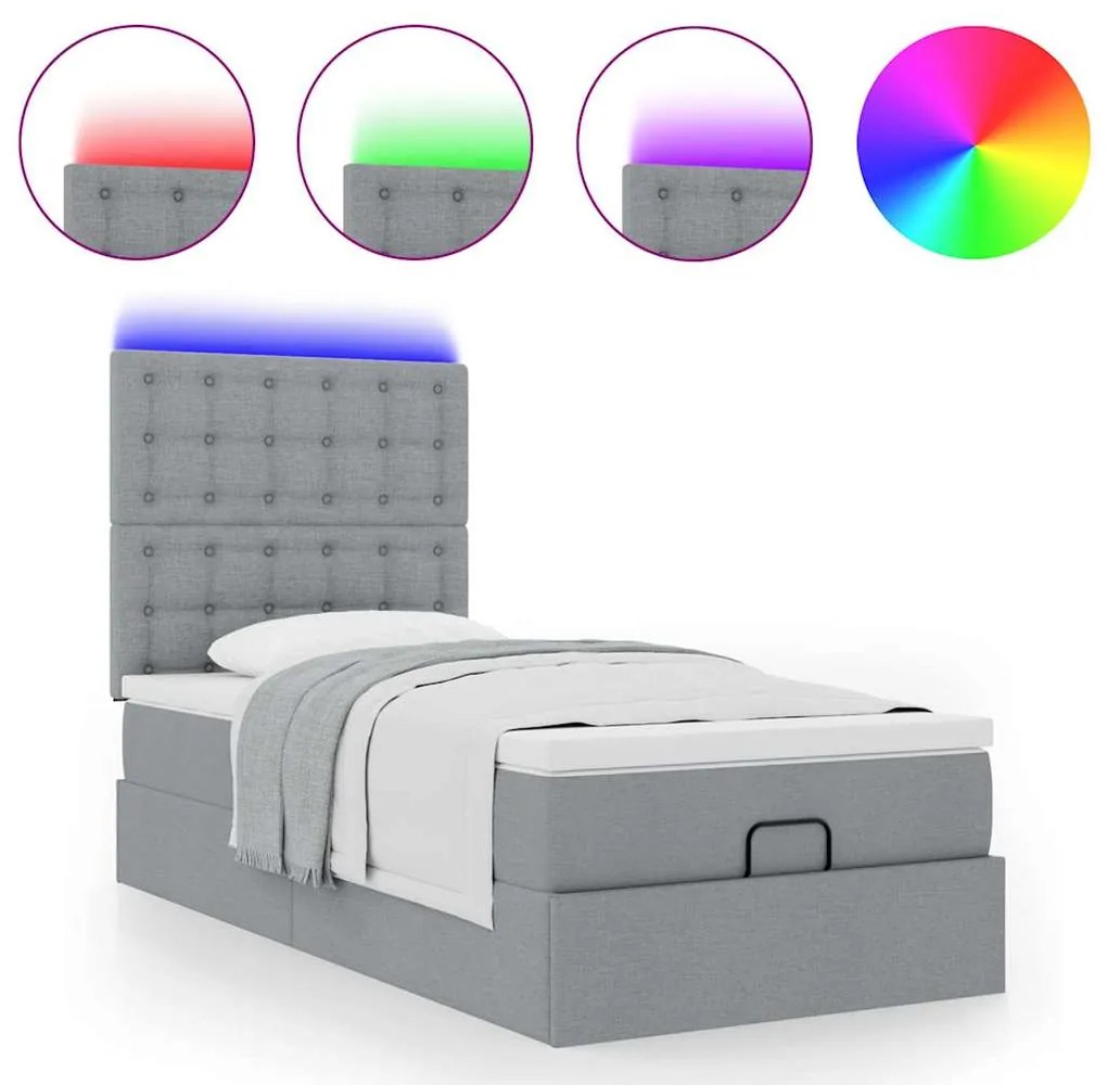 Cama Otomana com colchão & LEDs 90x200 cm tecido cinzento claro