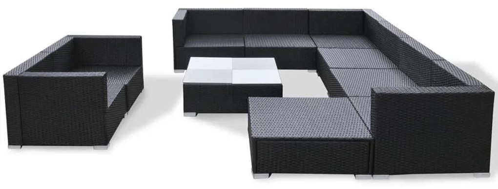 10 pcs conjunto lounge de jardim c/ almofadões vime PE preto