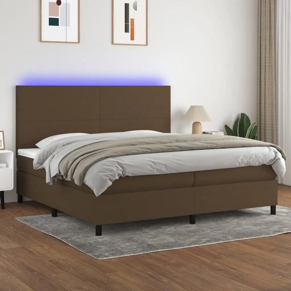 Cama box spring c/ colchão/LED 200x200cm tecido castanho-escuro