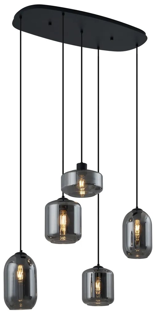 Candeeiro suspenso moderno preto com vidro fumado 5-luzes - Sheena Moderno