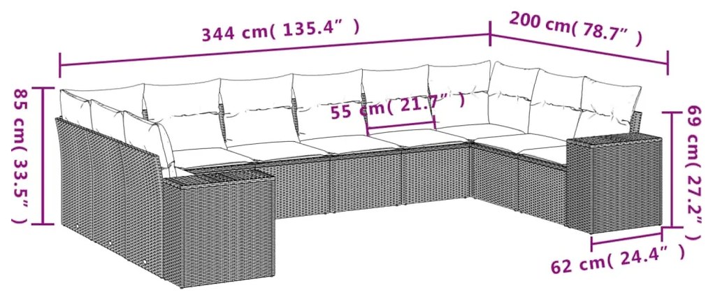 10 pcs conjunto sofás de jardim c/ almofadões vime PE preto