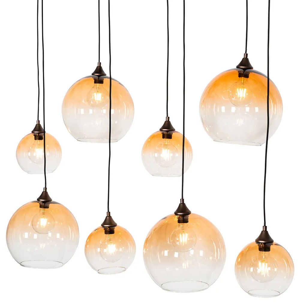 Candeeiro suspenso inteligente bronze escuro com vidro âmbar 8 luzes incluindo 8 Wifi G95 - Sandra