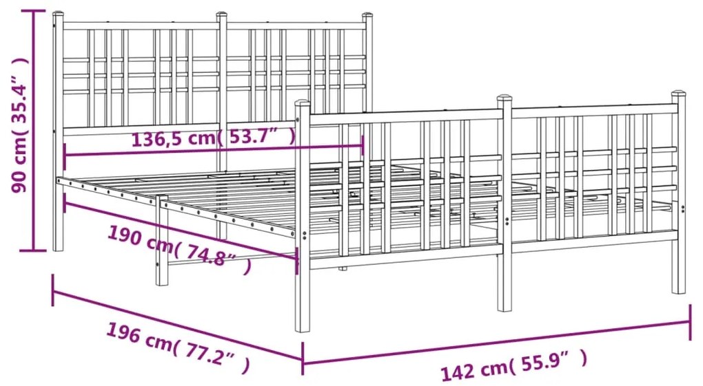 Estrutura de cama com cabeceira e pés 137x190 cm metal branco