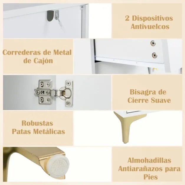 Cómoda de quarto moderna 80 x 40 x 95,5 cm com porta de vidro canelado rebatível e gavetas extraíveis Pernas metálicas branca