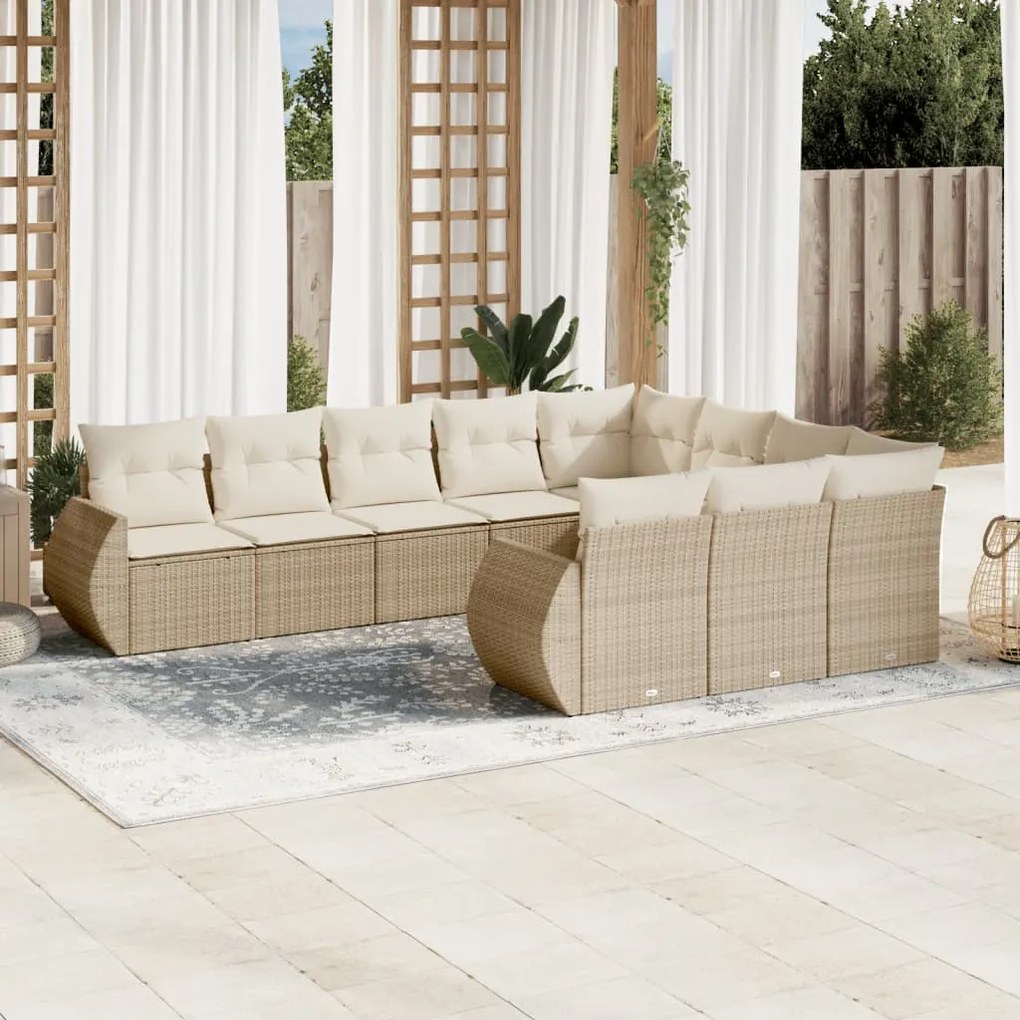 10 pcs conjunto de sofás p/ jardim com almofadões vime PE bege
