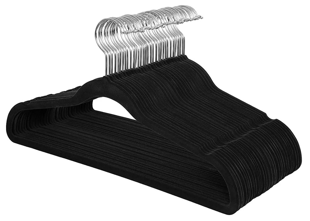 Conjunto de cabides de veludo para casacos, camisas e fatos | SONGMICS | 42 x 21,5 x 0,5 cm | preto|prata | CRF26BK.