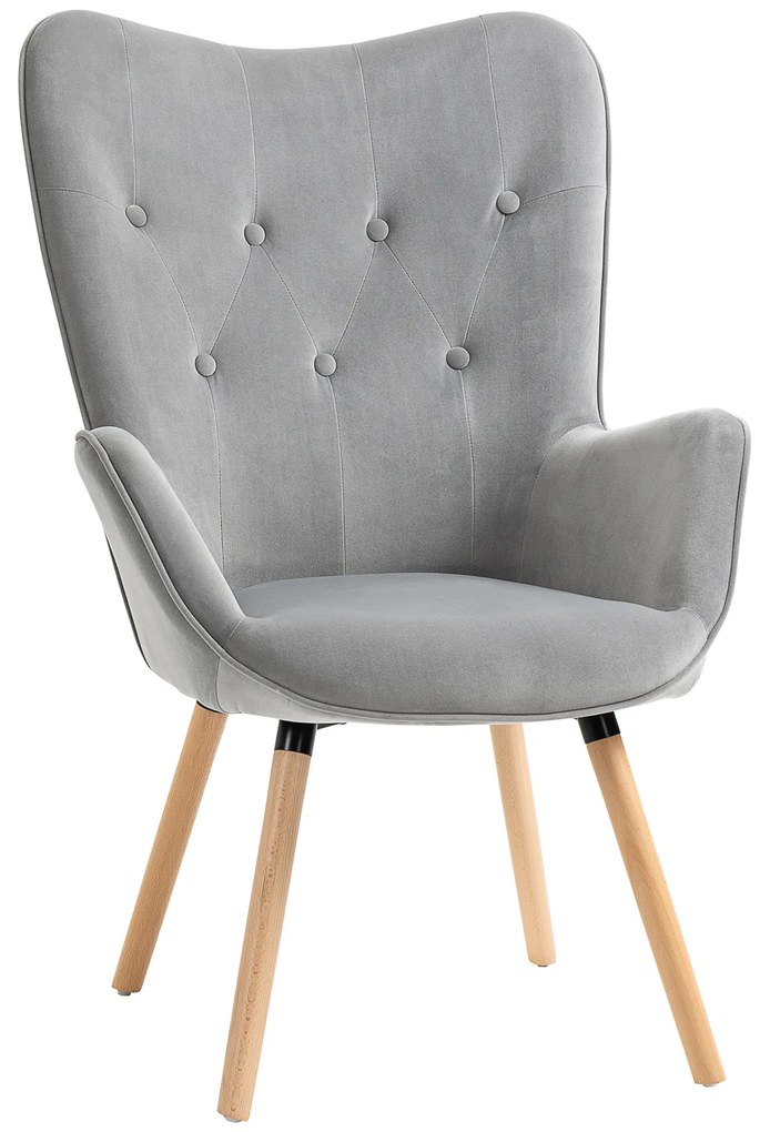 HOMCOM Poltrona Individual Estofada em Veludo Poltrona com Encosto Alto Apoio para os Braços e Pés de Madeira de Faia para Sala de Jantar Cozinha 68x75,5x104,5cm Cinza