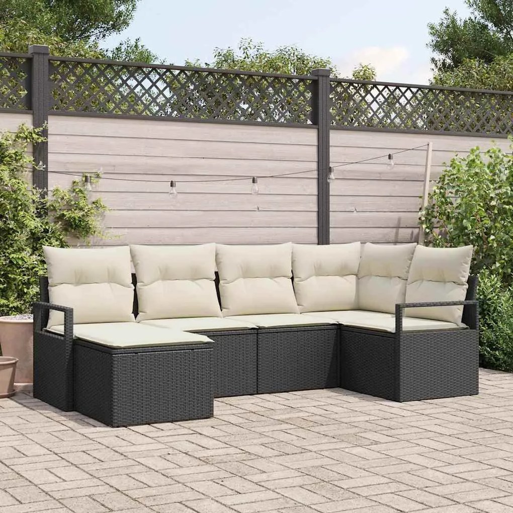 vidaXL Conjunto de Sofá de Jardim com 6 Peças e Almofadas Pretas de Rattan Sintético