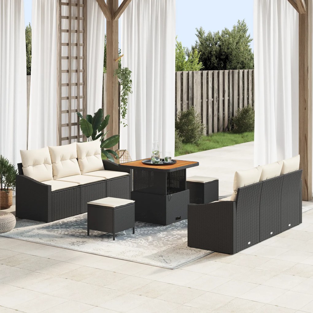 Conjunto de Sofás para Jardim vidaXL 9 Peças com Almofadas Preto Rattan Polipropileno Acácia