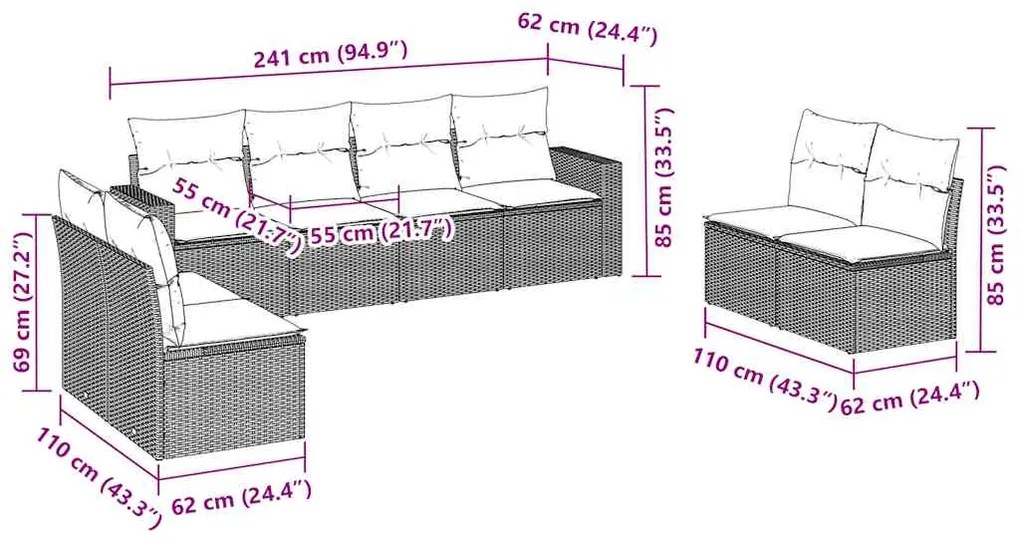 8 pcs conjunto sofás de jardim c/ almofadões vime PE castanho