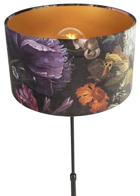 Candeeiro de pé preto com cúpula de veludo flores 35 cm - Parte Clássico / Antigo