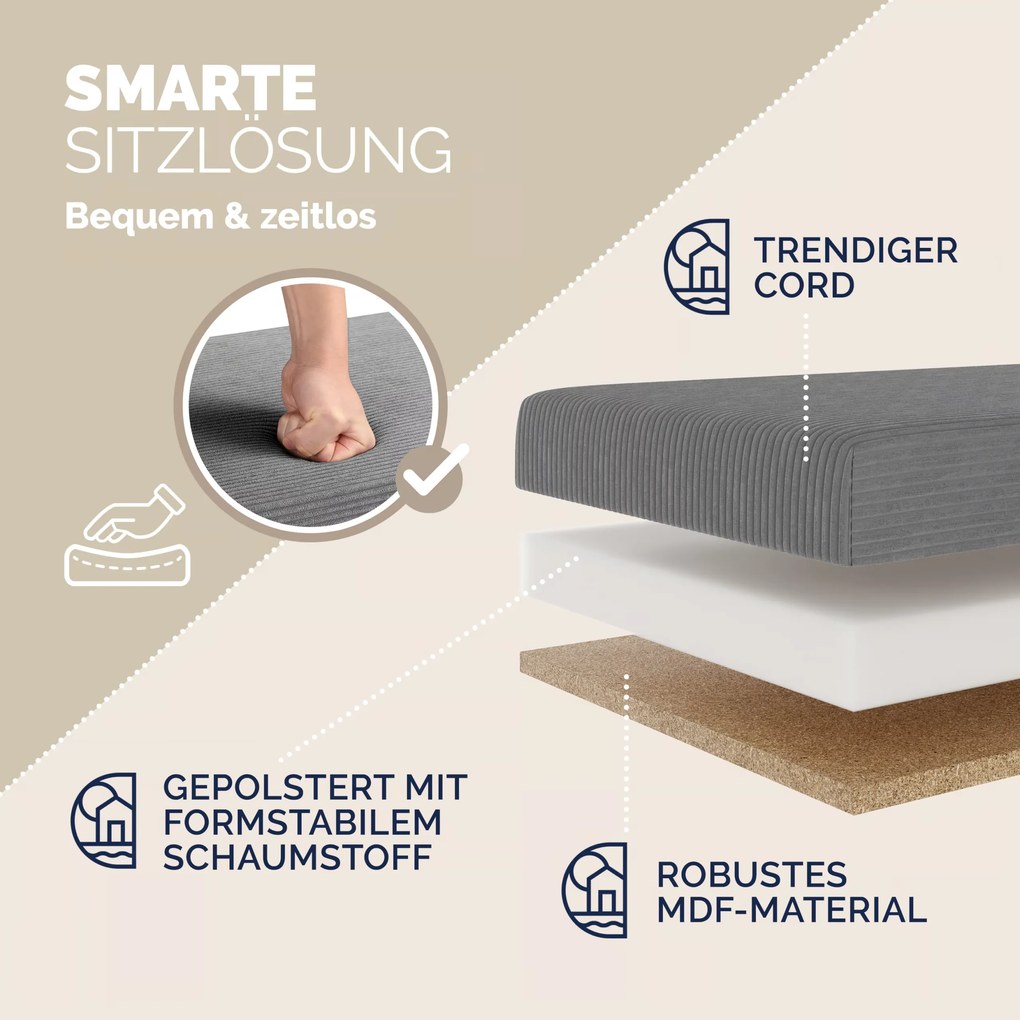 Banco arrumação veludo cotelê 114x38x38cm MDF dobrável antracite