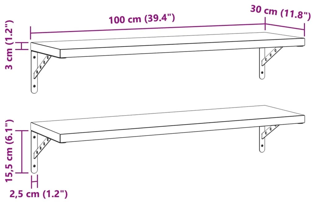 Prateleiras de parede 2 pcs 100x30 cm aço inoxidável prateado