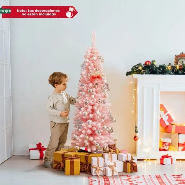 Árvore de Natal artificial com neve de 150 cm com 328 pontas de ramos Base metálica dobrável Forma fina Decoração para casa escritório Rosa