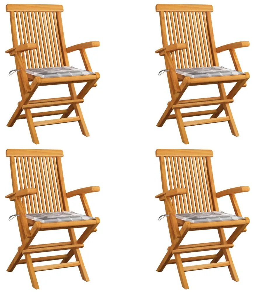 Cadeiras de jardim c/ almofadões xadrez cinzento 4 pcs teca