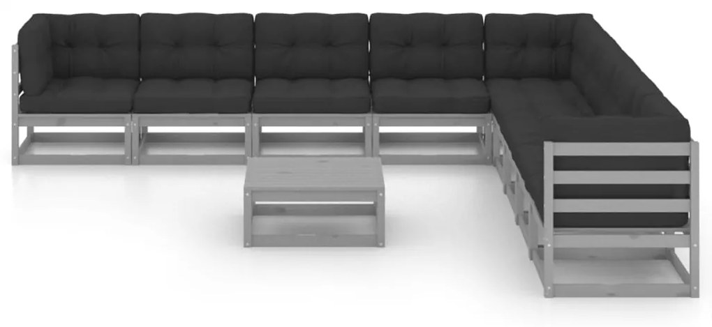 10pcs conjunto lounge de jardim + almofadões pinho maciço cinza