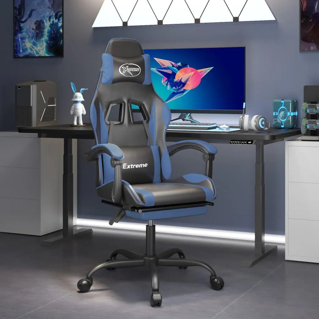 vidaXL Cadeira gaming giratória c/ apoio pés couro artif. preto/azul