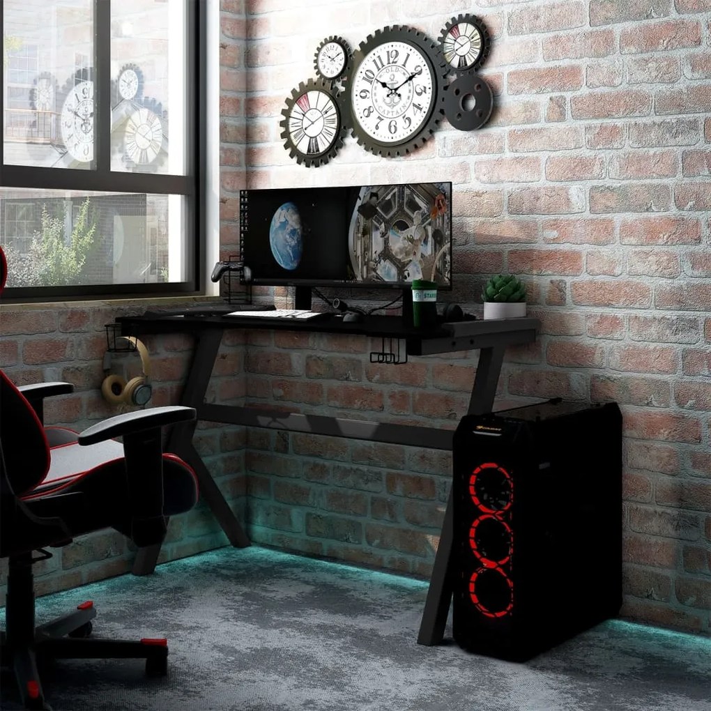 325424 vidaXL Secretária de gaming c/ luzes LED forma de Y 110x60x75 cm preto