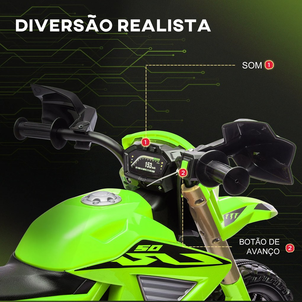 Mota Elétrica para Crianças  Moto a Bateria para Crianças 6V com Rodas de Treino e Buzina 105x57x62 cm Verde