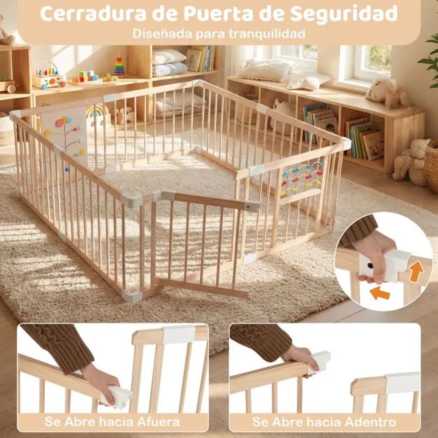 Parque infantil Bebe Madeira 160 x 160 x 61,5 cm com brinquedos Montessori, porta bidirecional, fecho de segurança e forma ajustável, natural